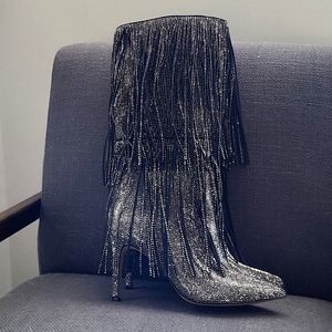 INC Black & Silver/Gunmetal Rhinestone Fringe Boot size 7 NEW